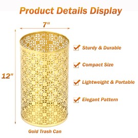MOCOME Small Metal Garbage Can, Decorative Fans Waste Basket, Elegant Gold Trash Can for Bathroom, Bedroom, Office and Kitchen, 7" W X 7" L X 12" H