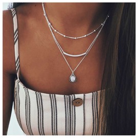 Inilbran Boho Layered Opal Moonstone Choker Necklace Silver Tube Bar Necklace Choker Vintage Moonstone Pendant Necklace Multilayer Horizontal Bar Tube Necklace Jewellery for Women and Girls