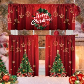 Deztibos Christmas Curtain Valances Set Decoration, Suitable for Kitchen, Bedroom, 52lx18w Inch 26lx36w Inch X2, Wreath Xmas Tree Holiday 3-Panel Set