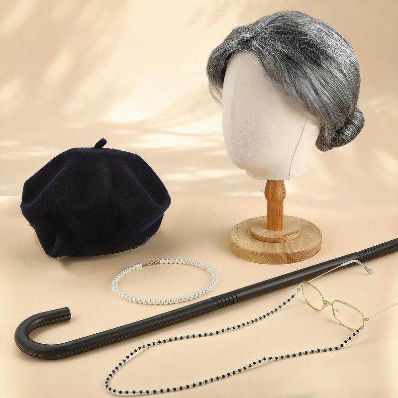 Tiwindx Old Lady Costume Outfit for Women Grandma Granny Wig