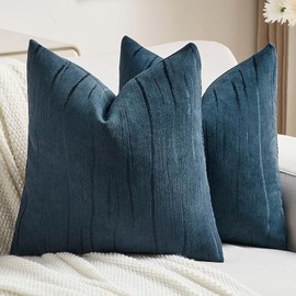 FUTEI Navy Blue Chenille Decorative Throw Pillow Covers 16x16 Inch Set of 2,Soft Embossed Striped Textured Cushion Case,Modern Home Decor for Couch Bed Living Room
