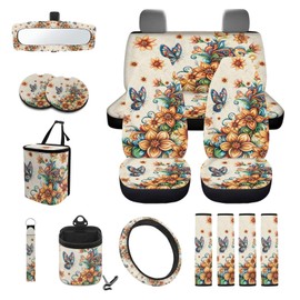 Drydeepin Butterfly Boho Floral Print Car Seat Covers 15Pcs Full Set Car Steering Wheel Cover Seat Belt Cover Trash Bin Air Vent Storage Box Rear View Mirror Car Cup Holder Keychain