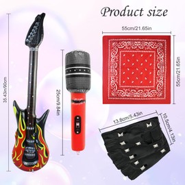 4Pcs Punk Rocker Party Kit, Large Inflatable Guitar Microphone Blow Up Guitar Punk Gloves Bandana Scarf Rockstar Fancy Dress Kids Boys 70S 80S 90S Heavy Metal Disco Costume Accessories for Men Women