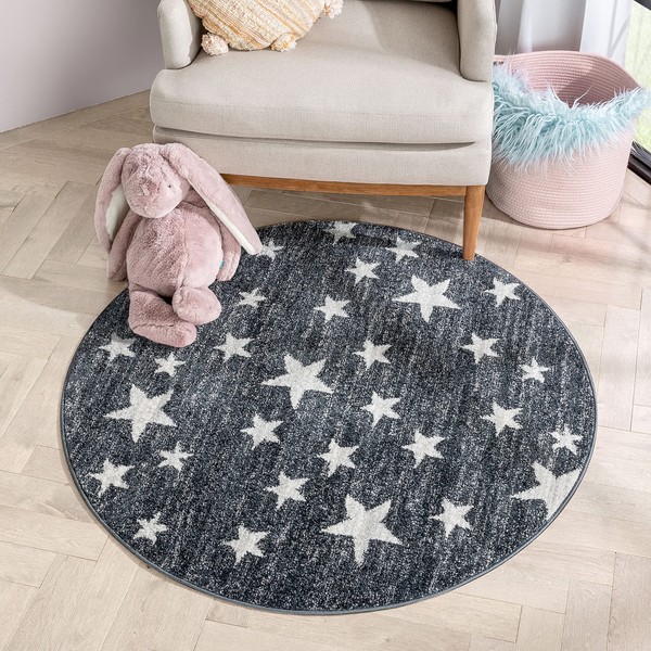 Well Woven Kosme Grey Geometric Star Pattern Stain-Resistant Area Rug 4' Round (4' x 4')