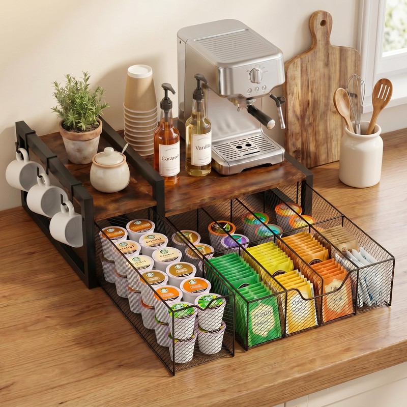 Coffee Station Organizer for Countertop, Coffee Bar Holder for Pods
