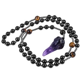 Nupuyai Amethyst Crow Skull Pendant Catholic Rosary Necklace, Natural Carved Stone Pendant Obsidian Tiger's Eye Hematite Stone Crystal Beads Necklace for Men 72cm
