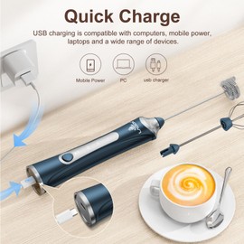 LAOION Rechargeable Frother Wand with Stand, Milk Frother with Detachable Stainless Steel Double Rings Whisk, 3-Speed Handheld Electric Drink Mixer for Lattes, Cappuccino, Coffee (Dark Blue)
