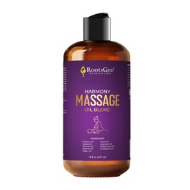 RootsGro Harmony Massage Oil - Hydrating Blend with Coconut, Jojoba, Almond, Argan Oil & Vitamin E - with Lavender, Peppermint & Eucalyptus - Ideal for Massage, Moisturizing & Relaxation - 16 Fl Oz