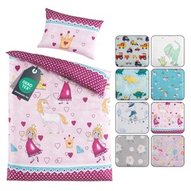 BaSaTex Children's Baby Bedding Set for Girls and Boys 100 x 135 cm + 40 x 60 cm 100% Polyester Microfibre Zip Princess Unicorn Hearts Pink