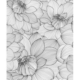 Meihodan Vintage Black White Line Art Lotus Floral Peel and Stick Wallpaper