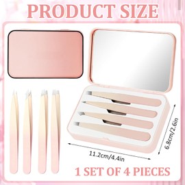 Hshenjhu Set 4 Pcs Pinzetten für Gesichtsbehaarung bei Frauen, Präzisions Pinzetten mit Reiseetui, Tweezers mit Spiegel, Edelstahlpinzette für Augenbrauen für Frauen und Männer (Rosa)