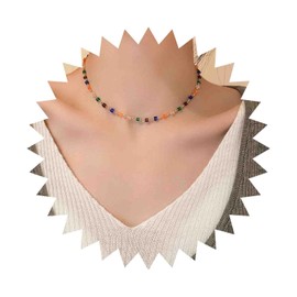 Inilbran Boho Rainbow Crystal Beads Necklace Vintage Small Rice Beaded Necklace Colorful CZ Beaded Choker Necklace Minimalist Bead Station Necklace Jewelry for Women