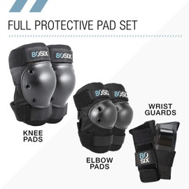 80Six Pad Set with Wristguards, Elbow Pads, and Knee Pads for Kids, Black, Small / Medium - Ages 8+