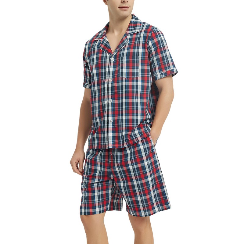 Vulcanodon Men's Short Pyjamas 100% Cotton Summer Shorty Pyjamas Checked