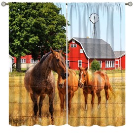 wlsgdsg Country Horse Decor Curtains for Kitchen,Vintage Farm Windmill Old Prairie Horse Farm Wild Farmhouse Cottage Horses Animals Window Drapes for Boys Girls Bedroom Living Room 42x45in