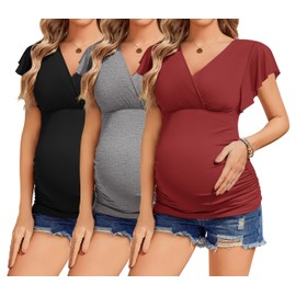 Ekouaer Nursing Shirts for Breastfeeding 3 Packs Pregnancy Top Flying Short Sleeve Maternity Clothes Black/Grey/Wine Red M