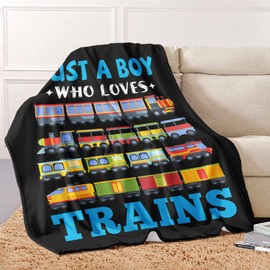 XSMEI Locomotive Blanket, Just A Boy Who Loves Trains Blanket, Soft Warm Cozy Fleece Throw, Gifts for Boys Teens Kids, 50"x60", Black