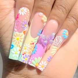 BABALAL Press on Nails Long Square Fake Nails Colorful French Tip Glue on Nails Daisy Coquette Acrylic Nails Butterfly Charm False Nails 24Pcs Manicure Stick on Gel Nails Squoval Artificial Nails