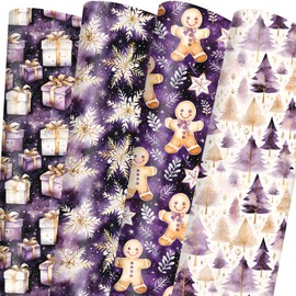 Dtiafu Purple Christmas Wrapping Paper 4 Classic Holiday Style Gift Wrap Paper Bulk Gingerbread Tree and Snowflake for Party Vacation Baby Shower, 20 X 28 Inches, Folded Flat (8 Sheet)