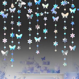 3 Pcs White Butterfly Reflective Party Decorations Garland Twinkle Flowers Hanging Bunting Banner Circle Dots Paper Streamer Garland for Birthday Wedding Engagement Bridal Baby Shower Backdrop 39 Ft