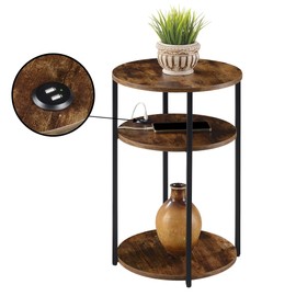 Convenience Concepts Simon End Table with USB Ports 15.75" – Modern 3-Tier Round Side Table with Storage Shelves for Family Room, Industrial Style Table with Charging Station, Barnwood/Black
