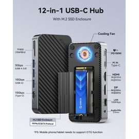 ORICO 12-in-1 USB C Hub with M.2 SSD Enclosure 10Gbps, Tool-Free USB C Docking Station with Built-in Fan, HDMI, DP, Gigabit Ethernet, 100W PD, SD/TF, Audio/Mic, USB A & Type C for Laptop Mac-M2P11