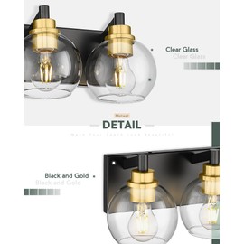 METWET Bathroom Light Fixtures, 6-Light Black and Gold Bathroom Vanity Light, 38 Inch Modern Wall Sconces with Globe Clear Glass Shade, Vanity Lighting Fixtures Over Mirror, VL195-KG-6