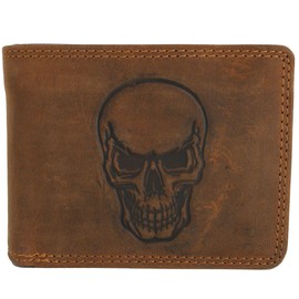 Leather Wallet for Men in Brown with RFID Coin Compartment (Shopping Chip) and Embossed Skull Genuine Leather Wallet (Landscape Format Hütmann Collection), Brown Tan, Classic