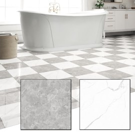 ZRJT 30-Pack 30 Sq.Ft Peel and Stick Floor Tiles Vinyl Polish Pattern Flooring, 12” x 12” Self Adhesive Vinyl Flooring DIY for Kitchen, Bathroom, Laundry, Polish Light Grey&White Marble