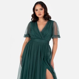 Anaya with Love Ladies Maxi Dress for Women V Neckline Short Sleeve Frilly Long Empire Waist for Wedding Guest Bridesmaid Maid of Honour, Emerald Green 50, Emerald Green
