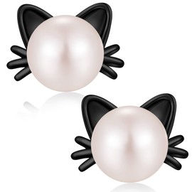 Black Earrings for Women Cat Pearl Earrings Silver Cat Earrings Black Stud Earrings Women Pearl Earrings 925 Sterling Silver Earrings Women Pearl Stud Earrings Hypoallergenic Earrings