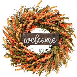 Sggvecsy Artificial Fall Wreath 22’’ Autumn Front Door Wreath Harvest Wreath with Fall Flowers Foam Leaves Small Pumpkins for Outside Indoor Wall Window Festival Thanksgiving Fall Autumn Decor