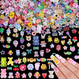 250 piezas Kawaii 3D Kit de dijes de uñas de caramelo, abejas de osos de goma de dibujos animados Y2K Piña fruta caramelo dulce piruleta dona helado corazón lindo estrellas lazos colores mixtos