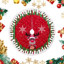 Christmas Tree Skirt, Red Christmas Tree Base Cover Christmas Tree Carpet Xmas Tree Floor Mat Xmas Christmas Tree Decorations with Snowflakes Reindeer Pattern for Christmas Holiday Party (Style-A)