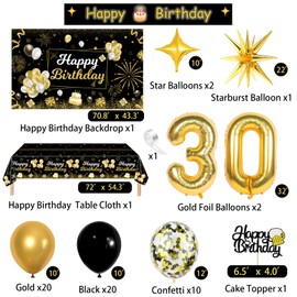 Miidenks 30th Birthday Decorations for Him, 30 Birthday Decorations Include Black and Gold Backdrop Banner, Tablecloth, Gold 30 Number Balloons, Explosion Star Balloons