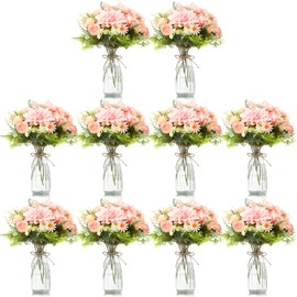 Reallnaive 30 Pack Artificial Flowers with Vase Bulk, 20 Bundles Silk Floral Bouquet 10 Clear Vase with 1 Pcs Rope, Mason Jar Table Centerpiece Arrangement Wedding Party Decor(Dahlia,Pink)
