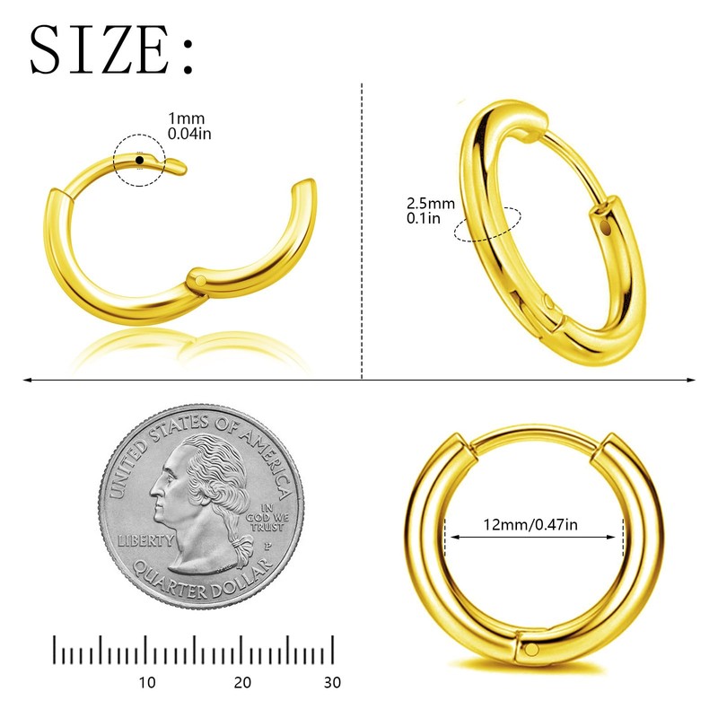 316 Stainless Steel Huggie Hoop Earrings, 10mm/12mm, Hypoallergenic (Gold, 10mm