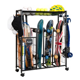 PLKOW Skateboard Storage Rack with Wheels, Sports Organizer for Skateboards, Scooters, Balls, Helmets and Sports Gear, Heavy Duty Sports Storage Rack for Garage, Home or School Use