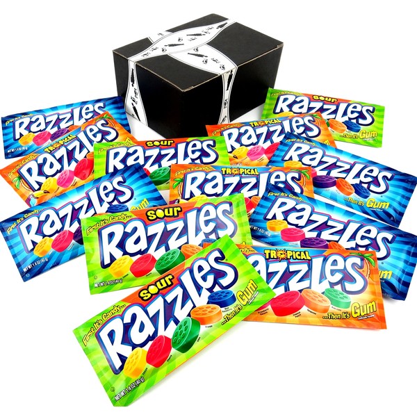 Razzles 3-Flavor Variety: Four 1.4 oz Packages Each of Original, Sour, and Tropical in a BlackTie Box (12 Items Total)