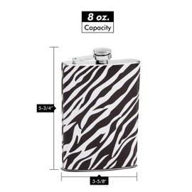 Hip Flask Holding 8 oz - Zebra Print Design - Pocket Size, Stainless Steel, Rustproof, Screw-On Cap - Black and White Finish Perfect for Engraving
