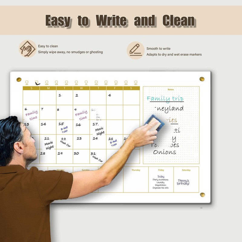 Marribol Glass 3-1 Golden Monthly Dry Erase Calendar Whiteboard for