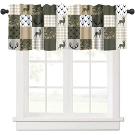 JanJCurt Camouflage Deer Window Valance for Kitchen, Vintage Camo Green Beige Plaid Rustic Cabin Wildlife Hunting Blackout Short Curtain for Farmhouse Bathroom Living Room Bedroom, 54x18inch