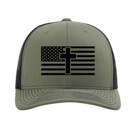 Trenz Shirt Company Mens Embroidered Distressed American Flag Cross Mesh Back Trucker Hat-Loden/Black
