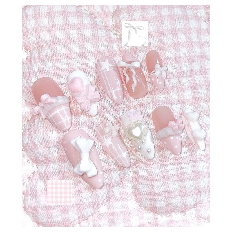 Frill Diary Pink ver.Handmade Nail Tips - Square / 프릴