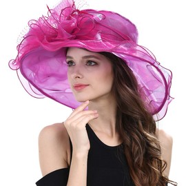 Janey&Rubbins Women's Feathers Floral Fascinating Wide Brim Lightweight Church Derby Hat (Hot Pink)