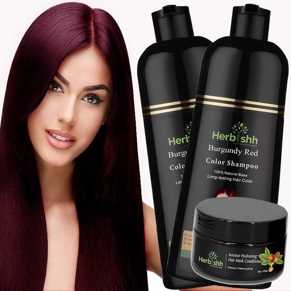 Combo Pack-2pcs Herbishh Hair Color Shampoo for Gray Hair+ 1pc Argan Intense Hair Mask- Natural Hair Dye Shampoo – Colors Hair in Minutes – Long-lasting color– 500 Ml –Stimulates Dry Frizzy Hair (Burgundy)