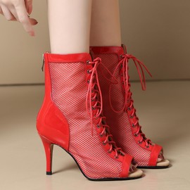 AUJ Danshs Professional Dancing Heels for Women's,Lace-Up Mesh Jazz Shoes,Zipper Peep Toe Booties,Pole Dance Boots, Red, 7