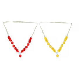 Set of 4 Mala Artificial Beads Ribbon Garland Pooja Ornament Indian Traditional Festival Decoration Home Decor for God Frame Pooja Frame and Idol Statues Housewarming (Size:-3.5" Inches)(Red,Yellow)