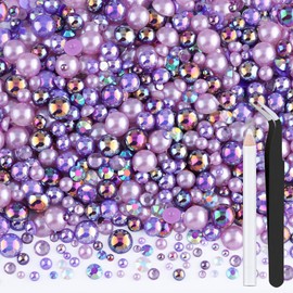 80g Flatback Pearls and Rhinestones for Crafting, Purple Mixed Size 3-10mm Resin Rhinestones and Half Pearls for Bedazzling, Nail Art and Decoration with Tweezer and Pickup Pencil