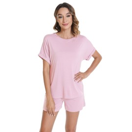 WiWi Women's Pajamas Sets Soft 2 Piece Lounge Summer Short Sleeve Tops and Shorts Sleepwear Pjs Set S-XXL, Pink, Large